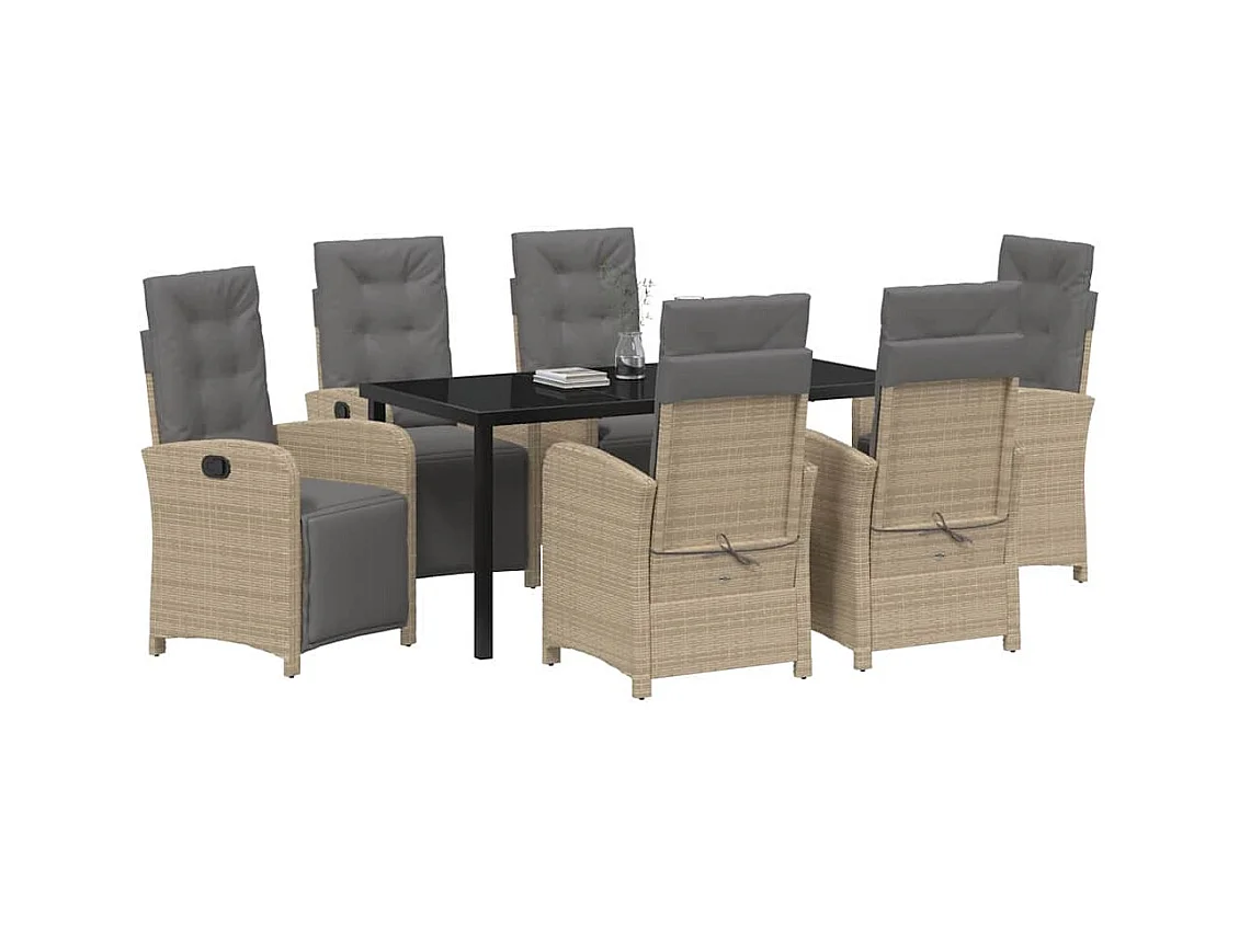 Ensemble de salle à manger de jardin 7 pièces avec coussins beige poly rotin