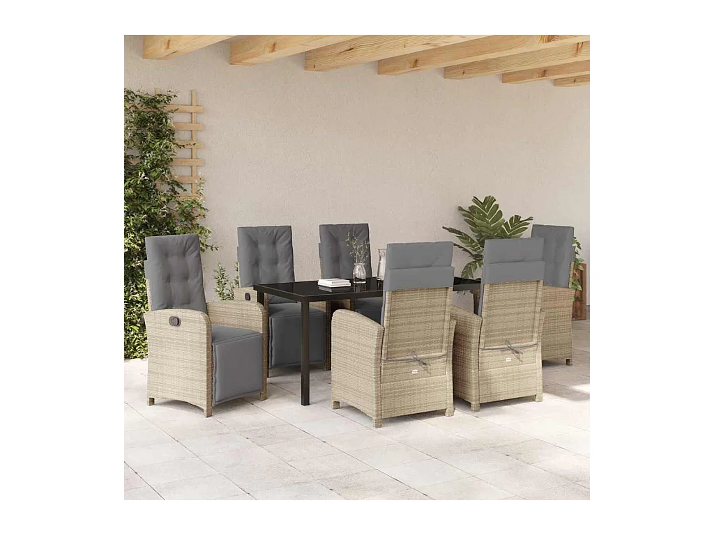 Ensemble de salle à manger de jardin 7 pièces avec coussins beige poly rotin