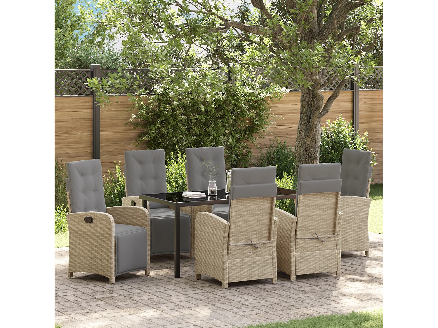 Ensemble de salle à manger de jardin 7 pièces avec coussins beige poly rotin