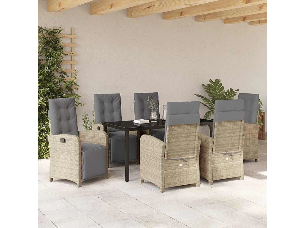 Ensemble de salle à manger de jardin 7 pièces avec coussins beige poly rotin