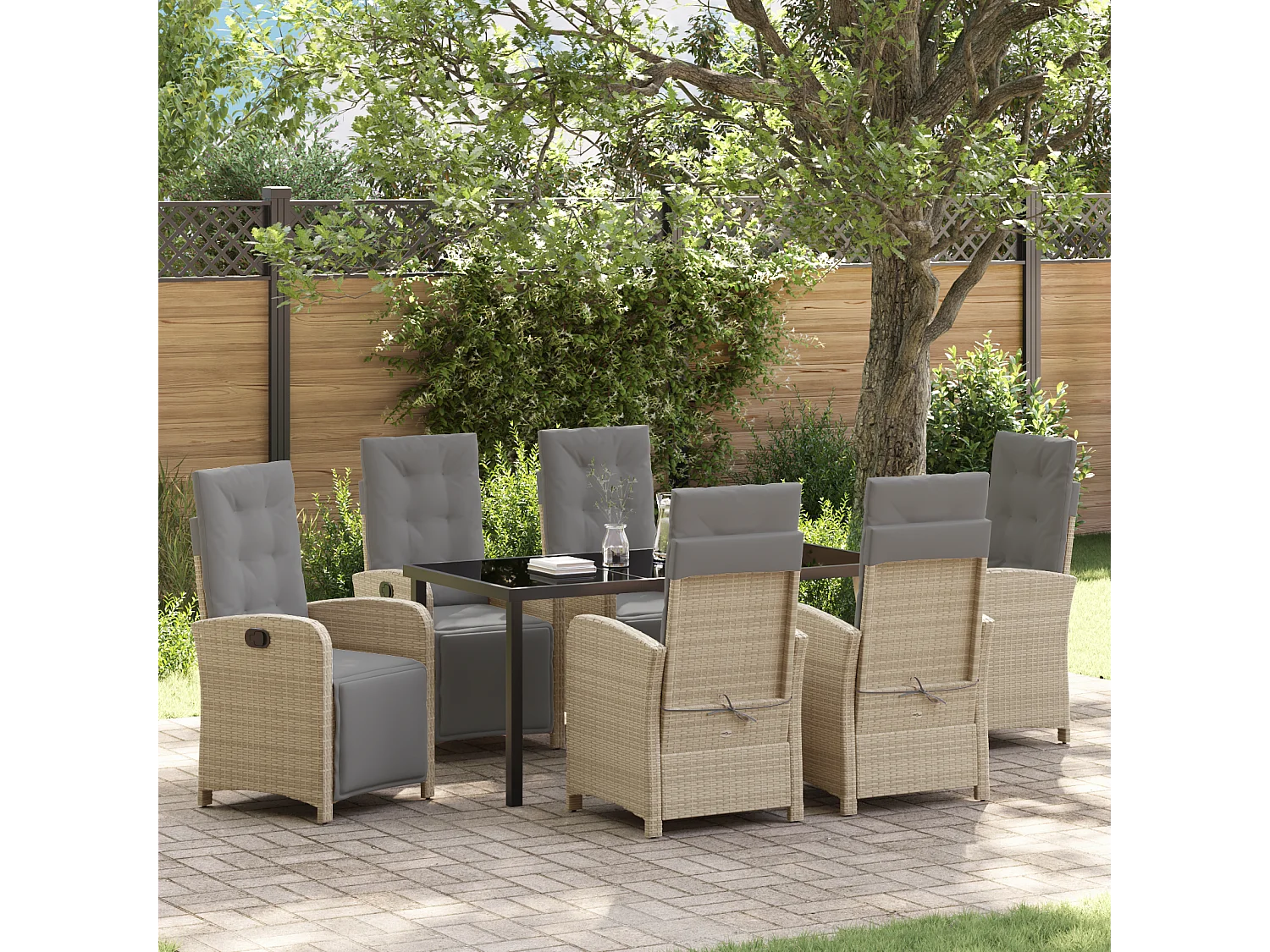 Ensemble de salle à manger de jardin 7 pièces avec coussins beige poly rotin