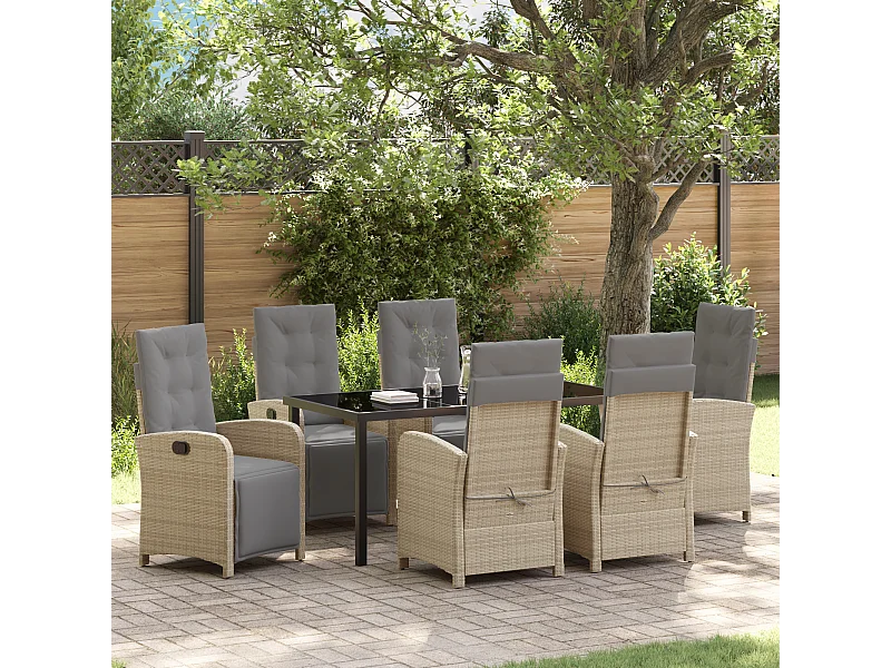 Ensemble de salle à manger de jardin 7 pièces avec coussins beige poly rotin