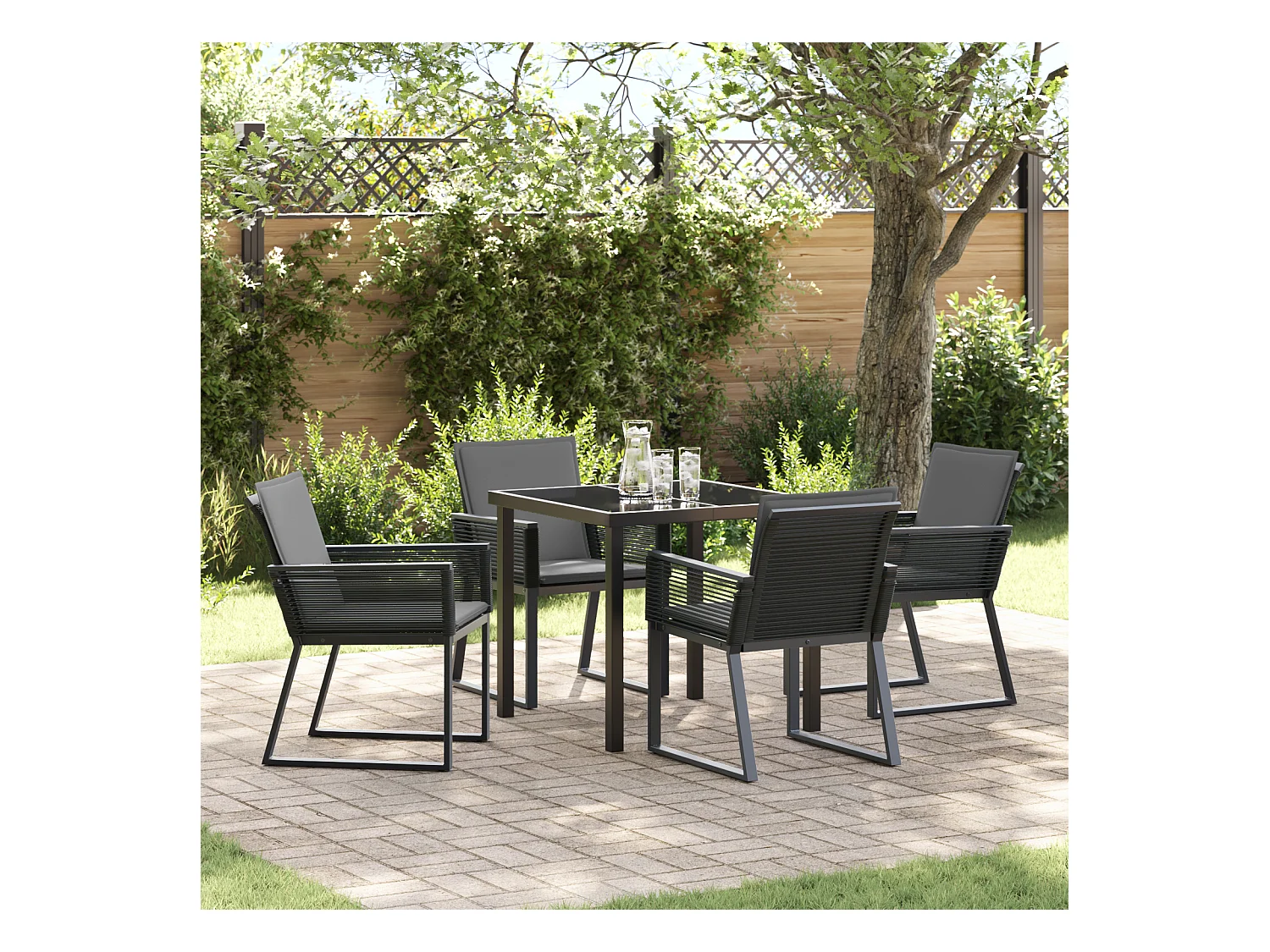Set da pranzo da giardino 5 pezzi con cuscini in polyrattan nero