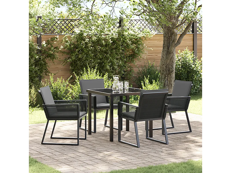 Ensemble de Dining de Jardin 5 Pièces avec Coussins Noir Rattan Poly