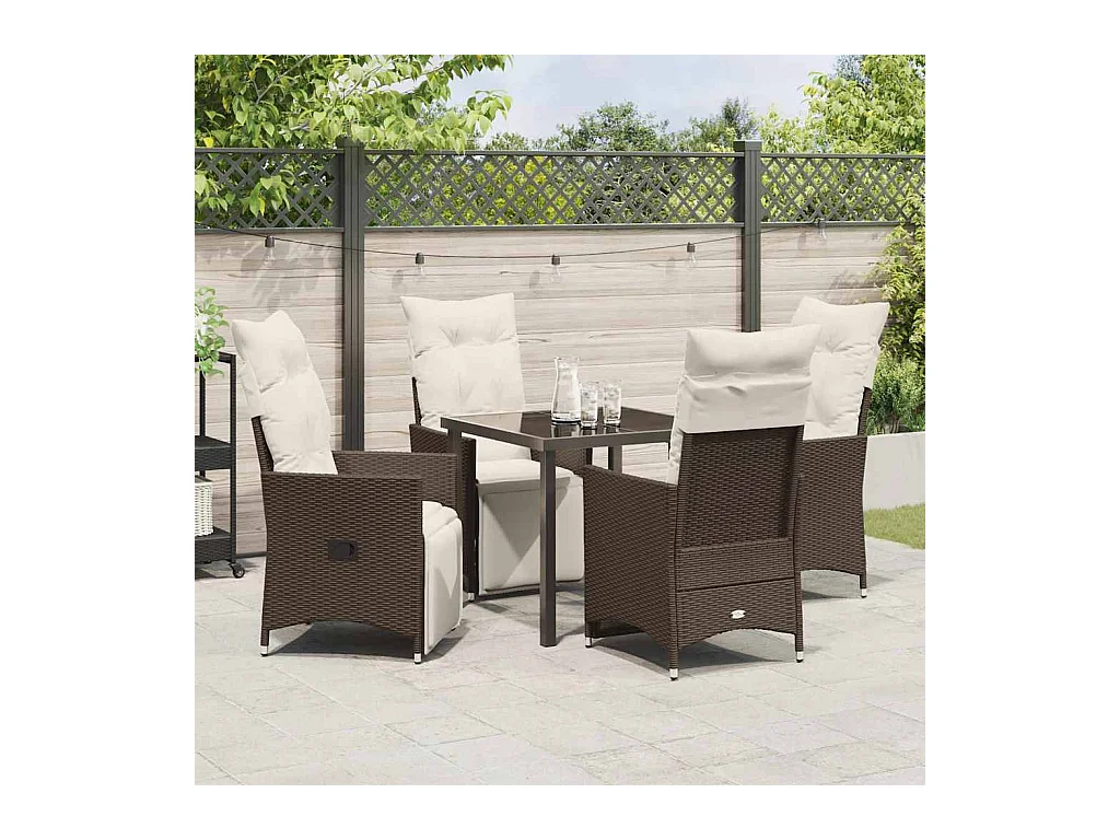 Ensemble de salle à manger de jardin de 5 pièces avec coussins en poly rattan marron