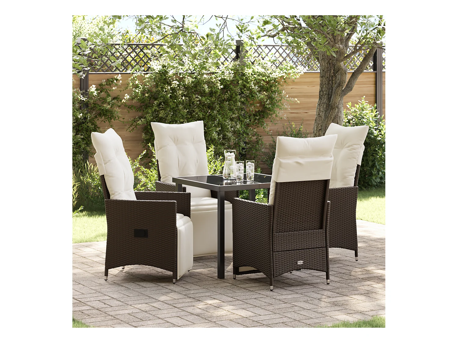 Ensemble de salle à manger de jardin de 5 pièces avec coussins en poly rattan marron