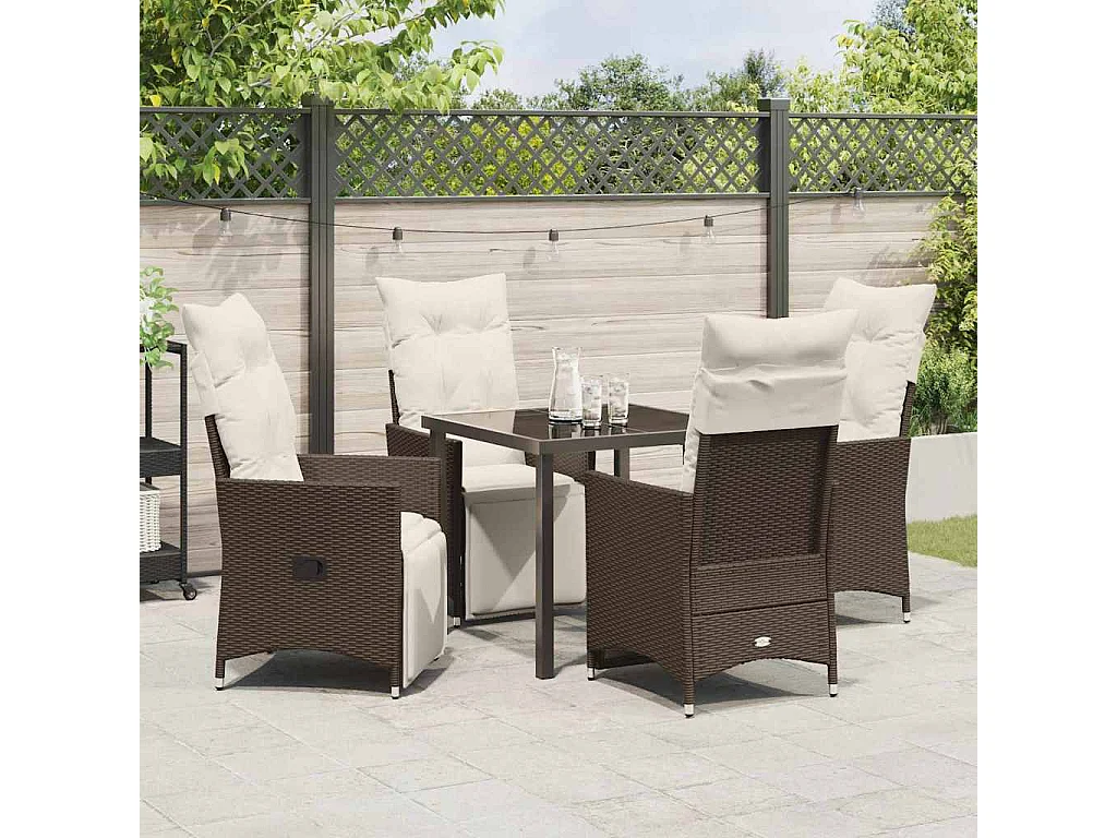 Ensemble de salle à manger de jardin de 5 pièces avec coussins en poly rattan marron