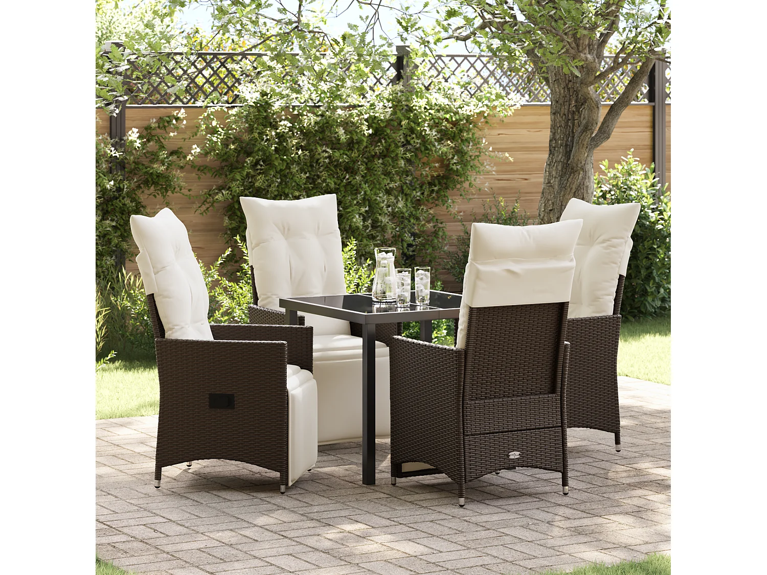 Ensemble de salle à manger de jardin de 5 pièces avec coussins en poly rattan marron