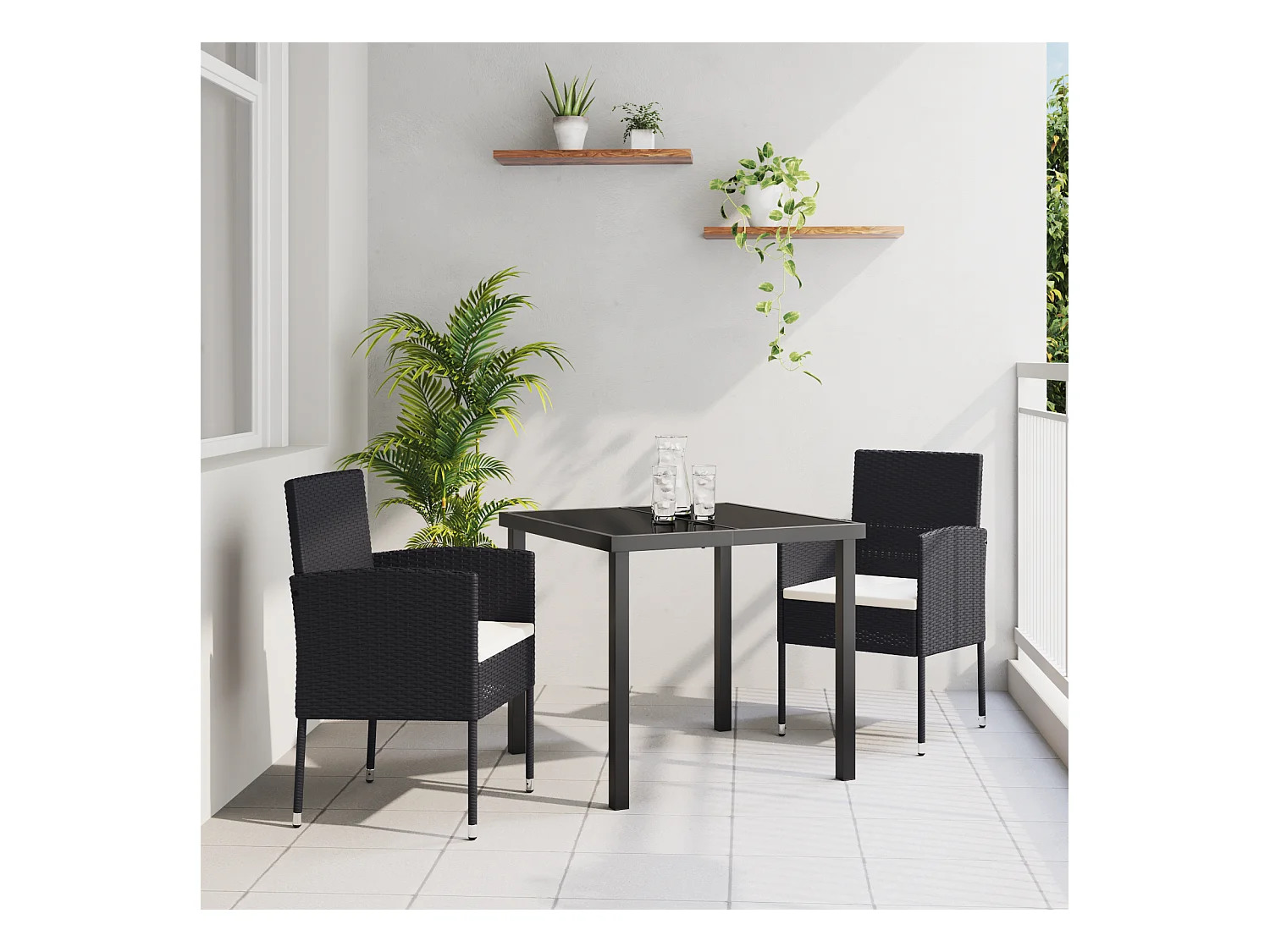 Ensemble de salle à manger de jardin 3 pièces avec coussins - Poly rotin noir