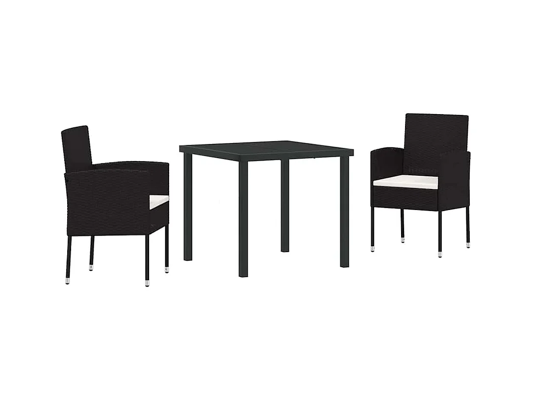 Ensemble de salle à manger de jardin 3 pièces avec coussins - Poly rotin noir