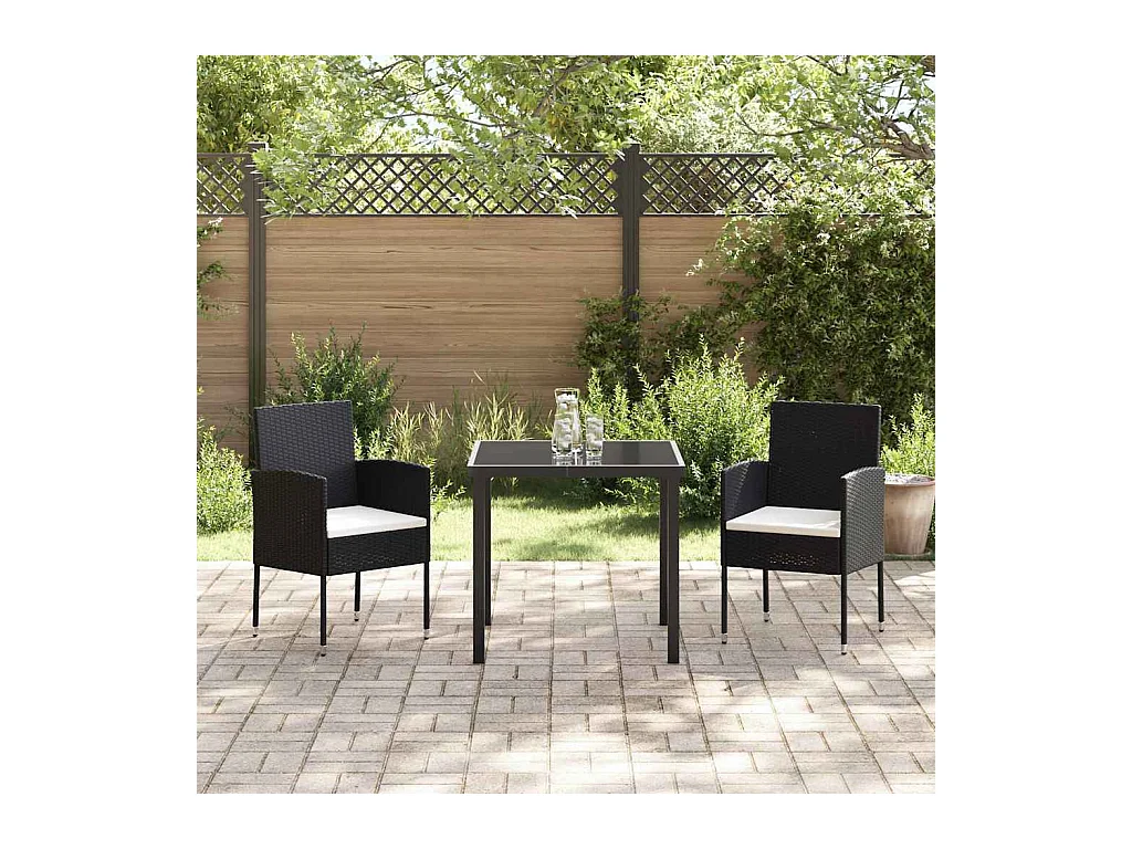 Ensemble de salle à manger de jardin 3 pièces avec coussins - Poly rotin noir