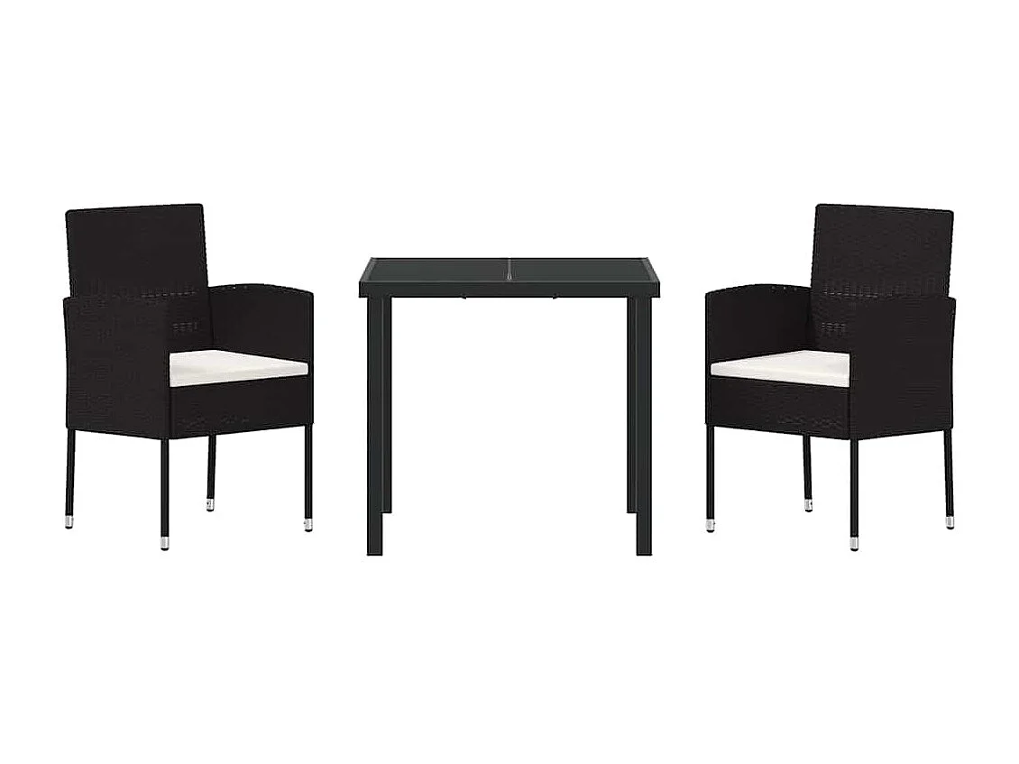 Ensemble de salle à manger de jardin 3 pièces avec coussins - Poly rotin noir