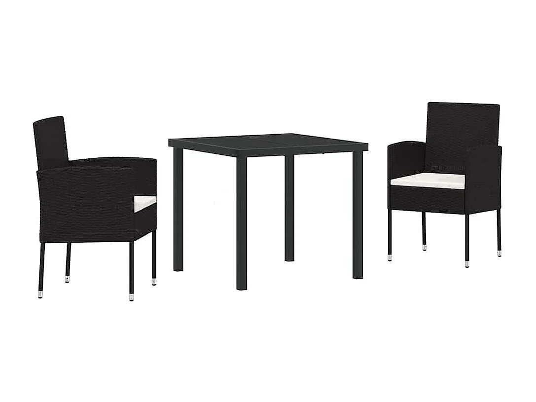 3-teiliges Garten-Essset mit Kissen – Schwarzes Polyrattan