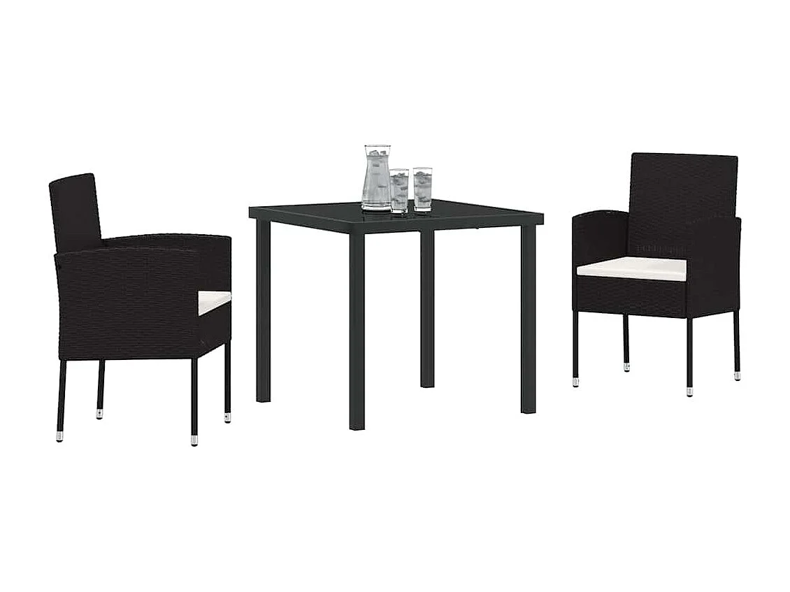 3-teiliges Garten-Essset mit Kissen – Schwarzes Polyrattan