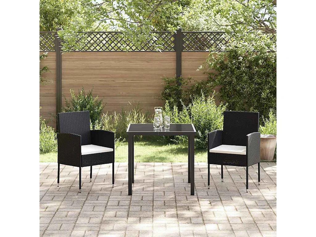 3-teiliges Garten-Essset mit Kissen – Schwarzes Polyrattan