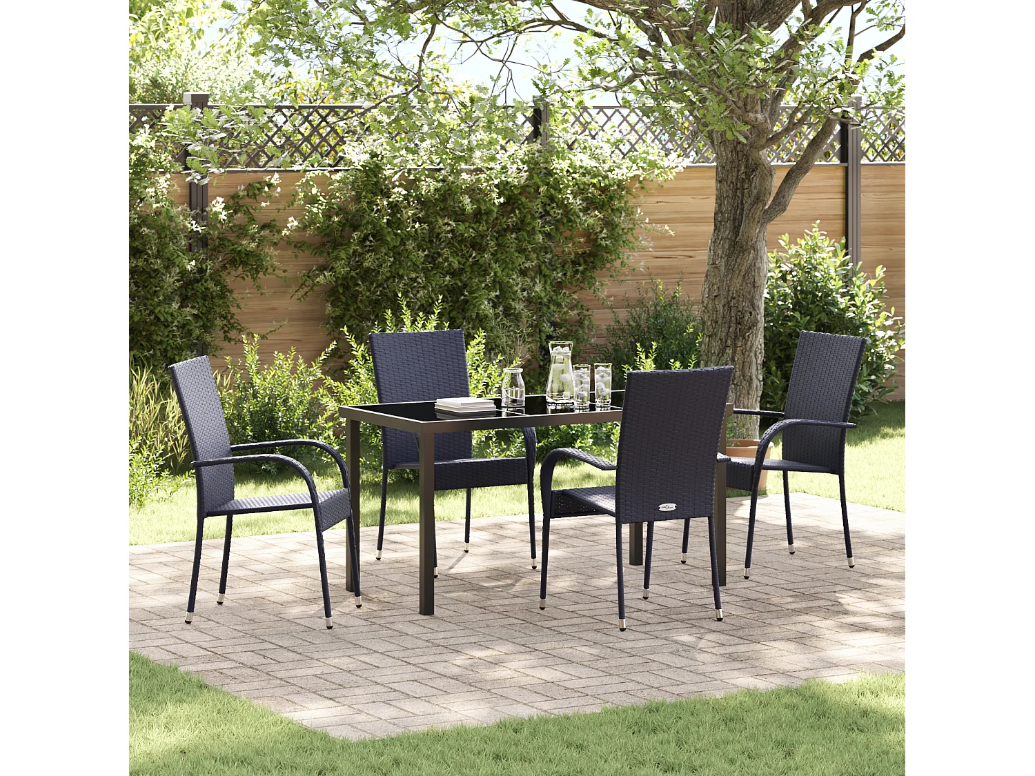 Set da pranzo da giardino in polyrattan nero da 5 pezzi