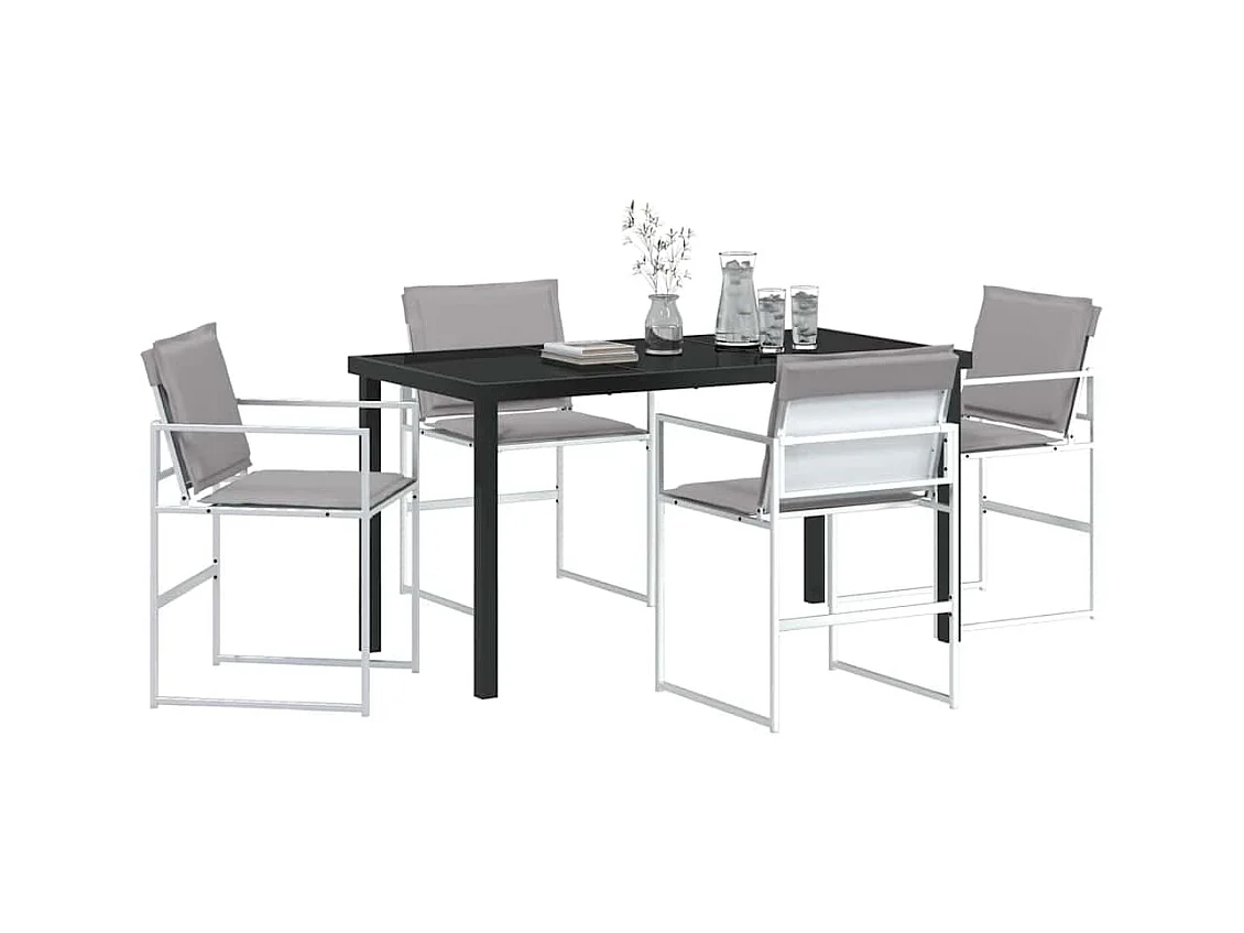 Set da pranzo da giardino 5 pezzi con cuscini bianchi in textilene e acciaio