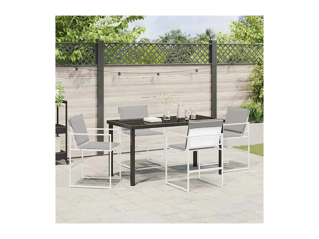 Set da pranzo da giardino 5 pezzi con cuscini bianchi in textilene e acciaio