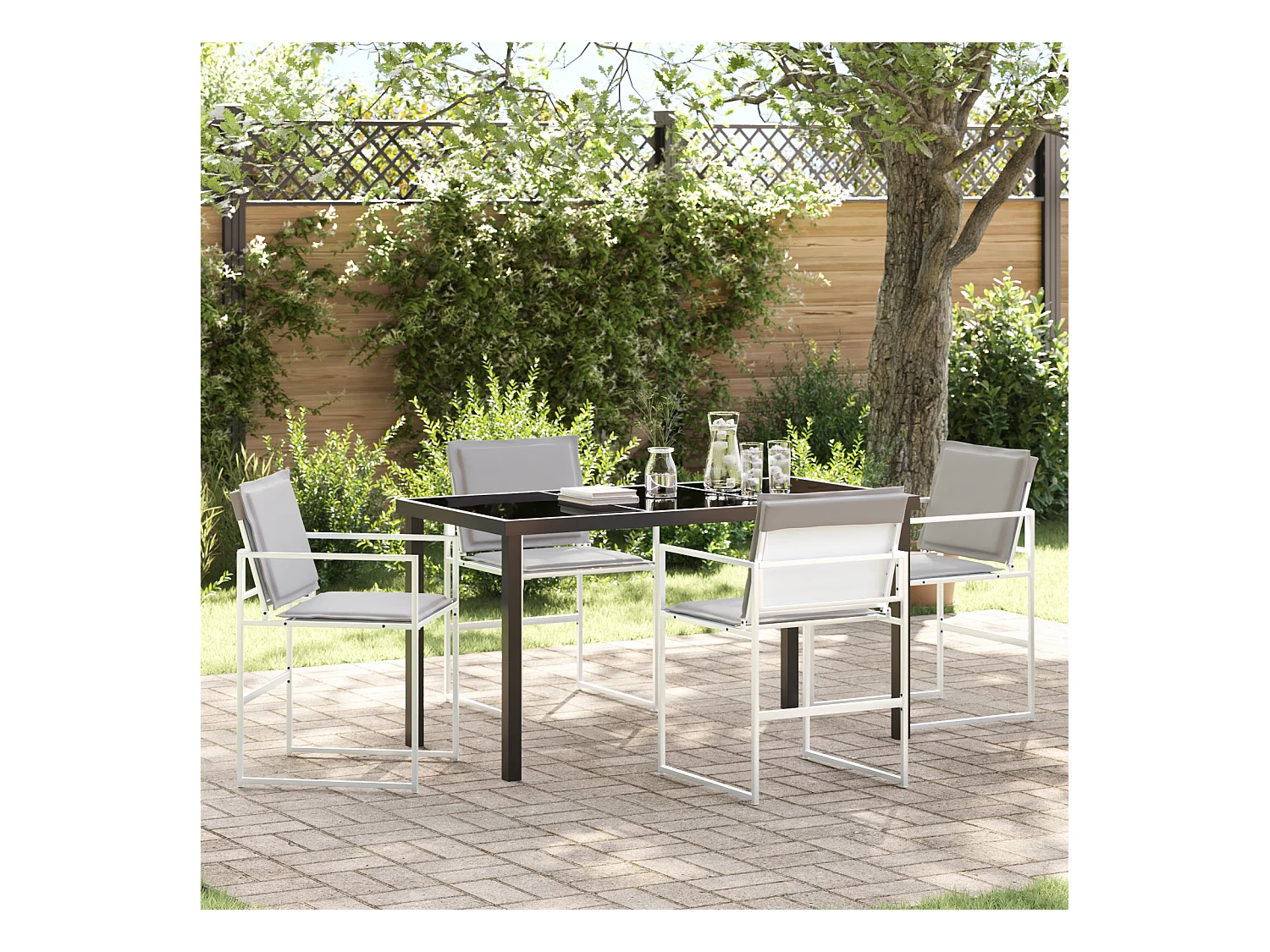 Conjunto de comedor de jardín de 5 piezas con cojines blancos en textilene y acero
