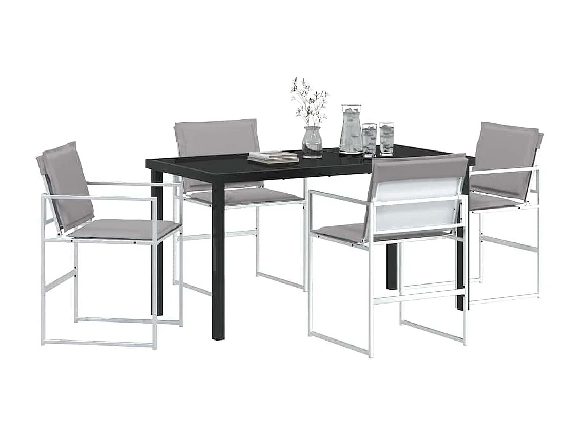 Set da pranzo da giardino 5 pezzi con cuscini bianchi in textilene e acciaio