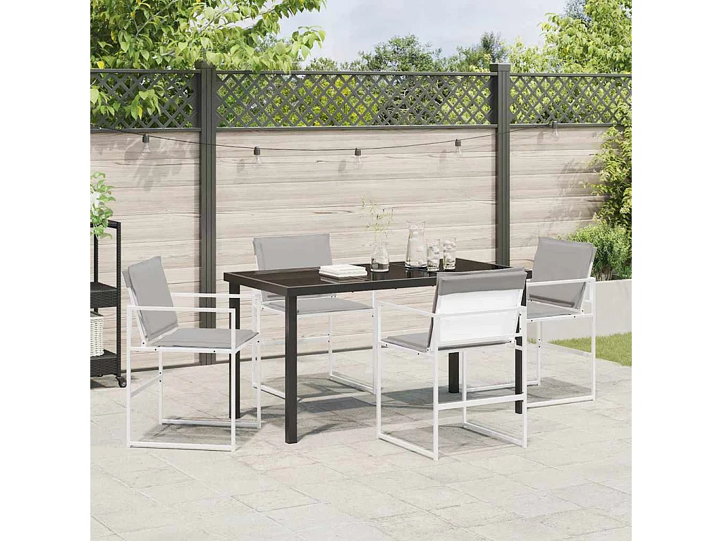 Set da pranzo da giardino 5 pezzi con cuscini bianchi in textilene e acciaio