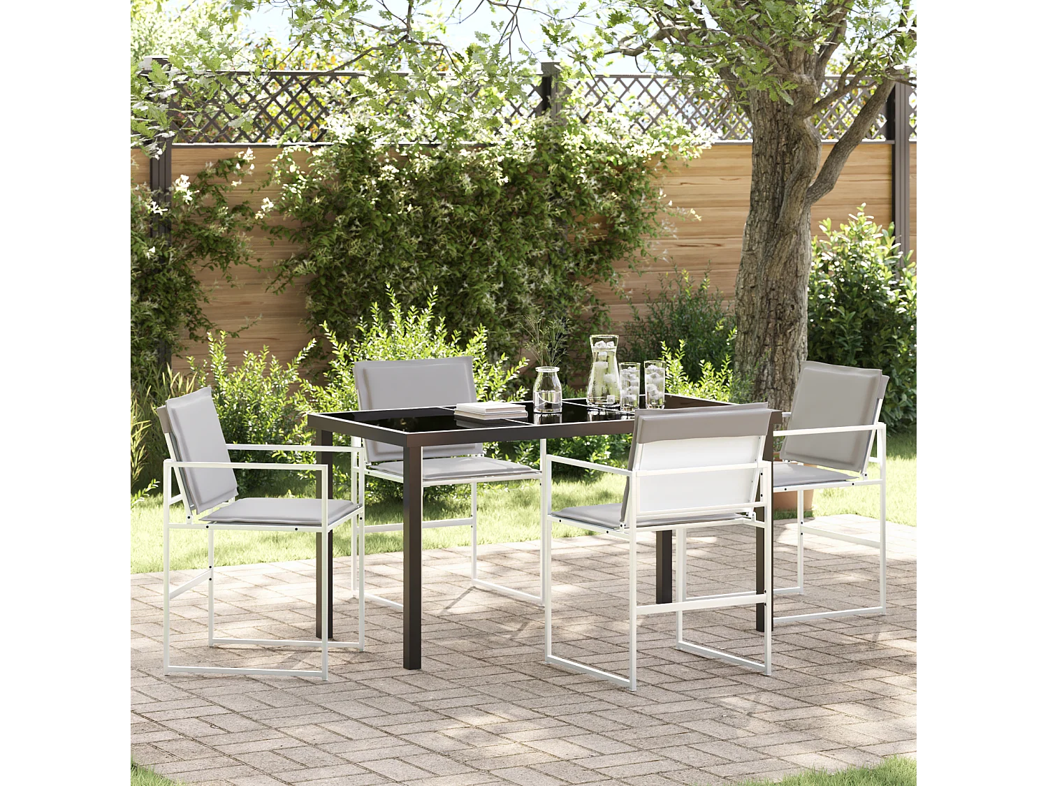 Ensemble de salle à manger de jardin de 5 pièces avec coussins blancs en Textilène et acier