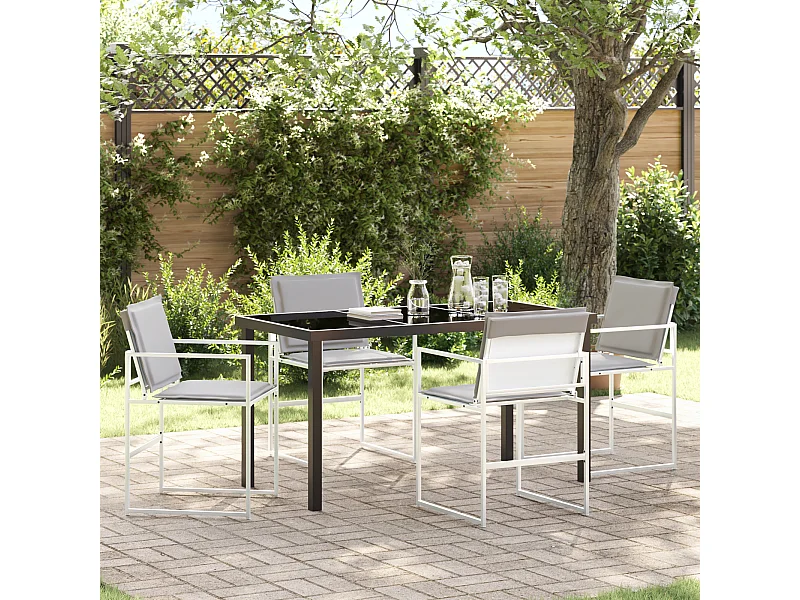 Set da pranzo da giardino 5 pezzi con cuscini bianchi in textilene e acciaio