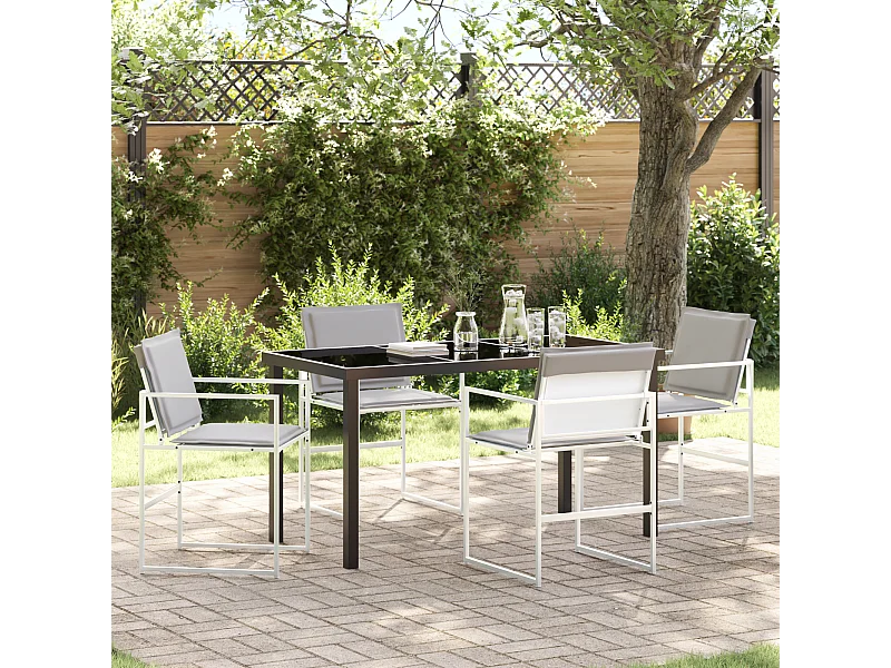 5-teiliges Garten-Essset mit weißen Kissen aus Textilene und Stahl