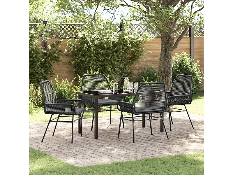 Ensemble de salle à manger de jardin 5 pièces avec coussins Noir Rattan Poly