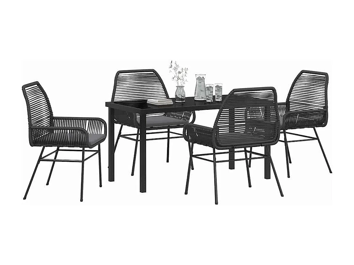 Ensemble de salle à manger de jardin 5 pièces avec coussins Noir Rattan Poly