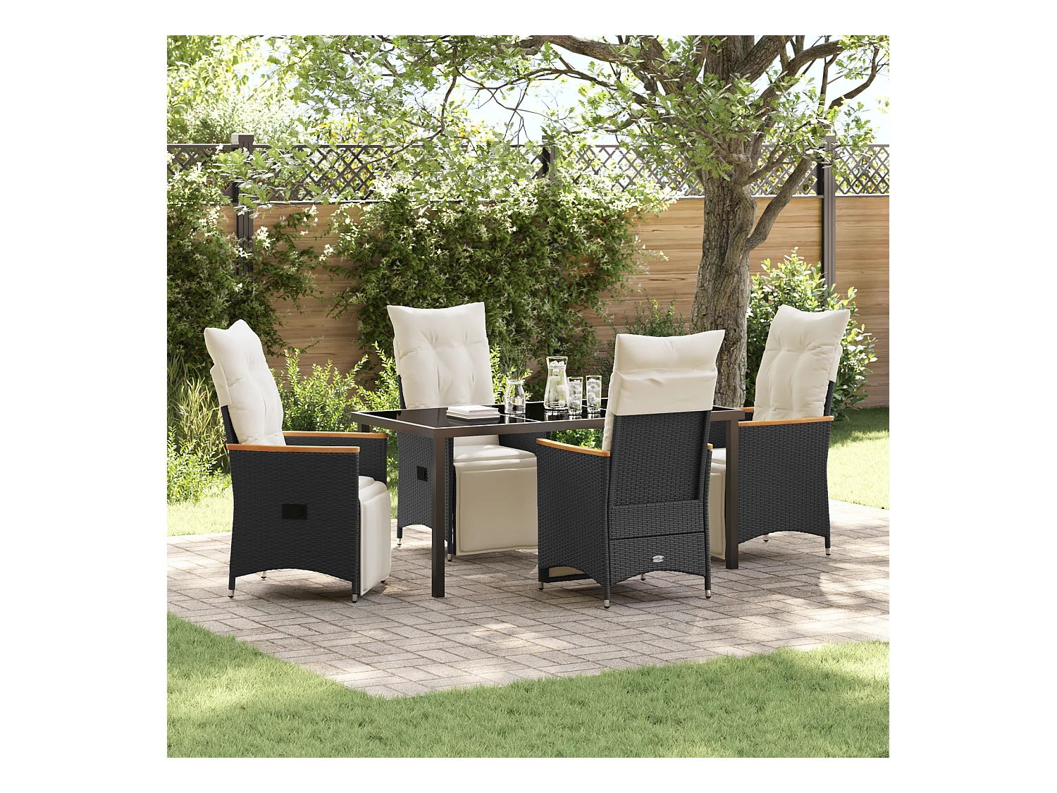 Set da pranzo da giardino 5 pezzi con cuscini in polyrattan nero