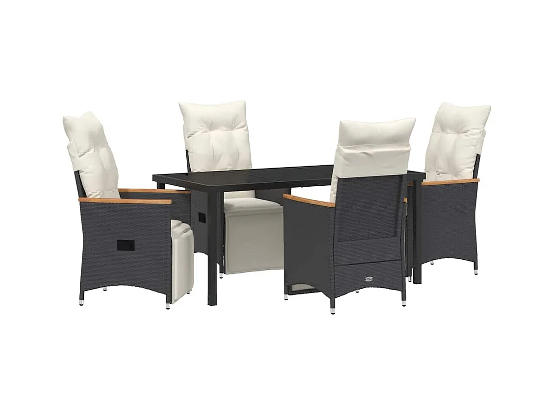 Set da pranzo da giardino 5 pezzi con cuscini in polyrattan nero