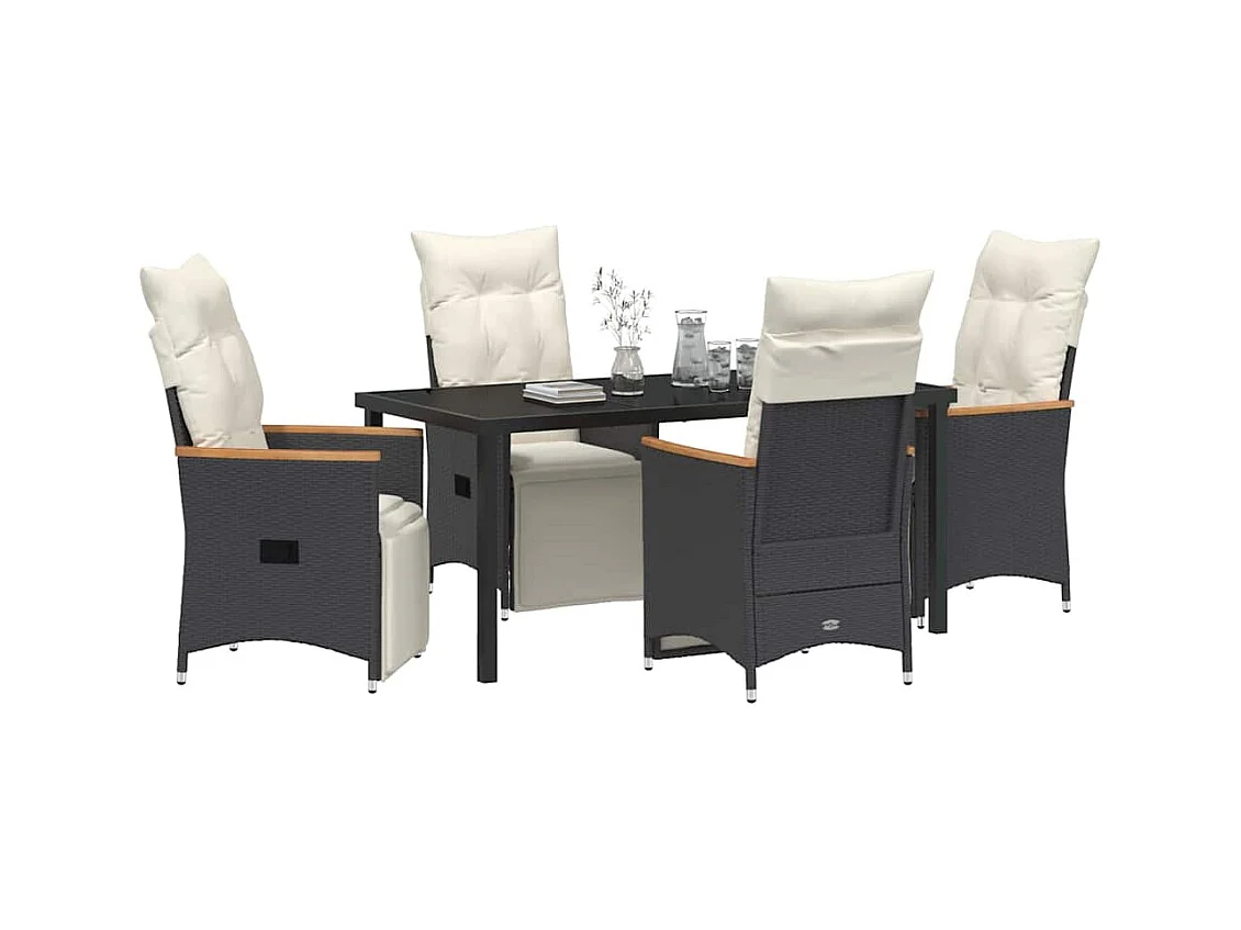 Set da pranzo da giardino 5 pezzi con cuscini in polyrattan nero