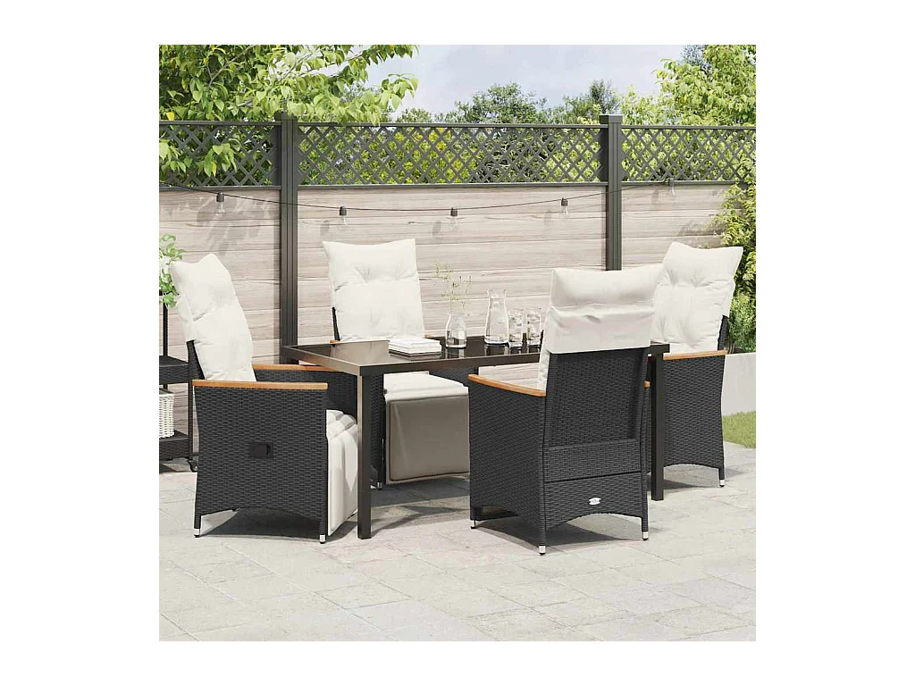 Set da pranzo da giardino 5 pezzi con cuscini in polyrattan nero