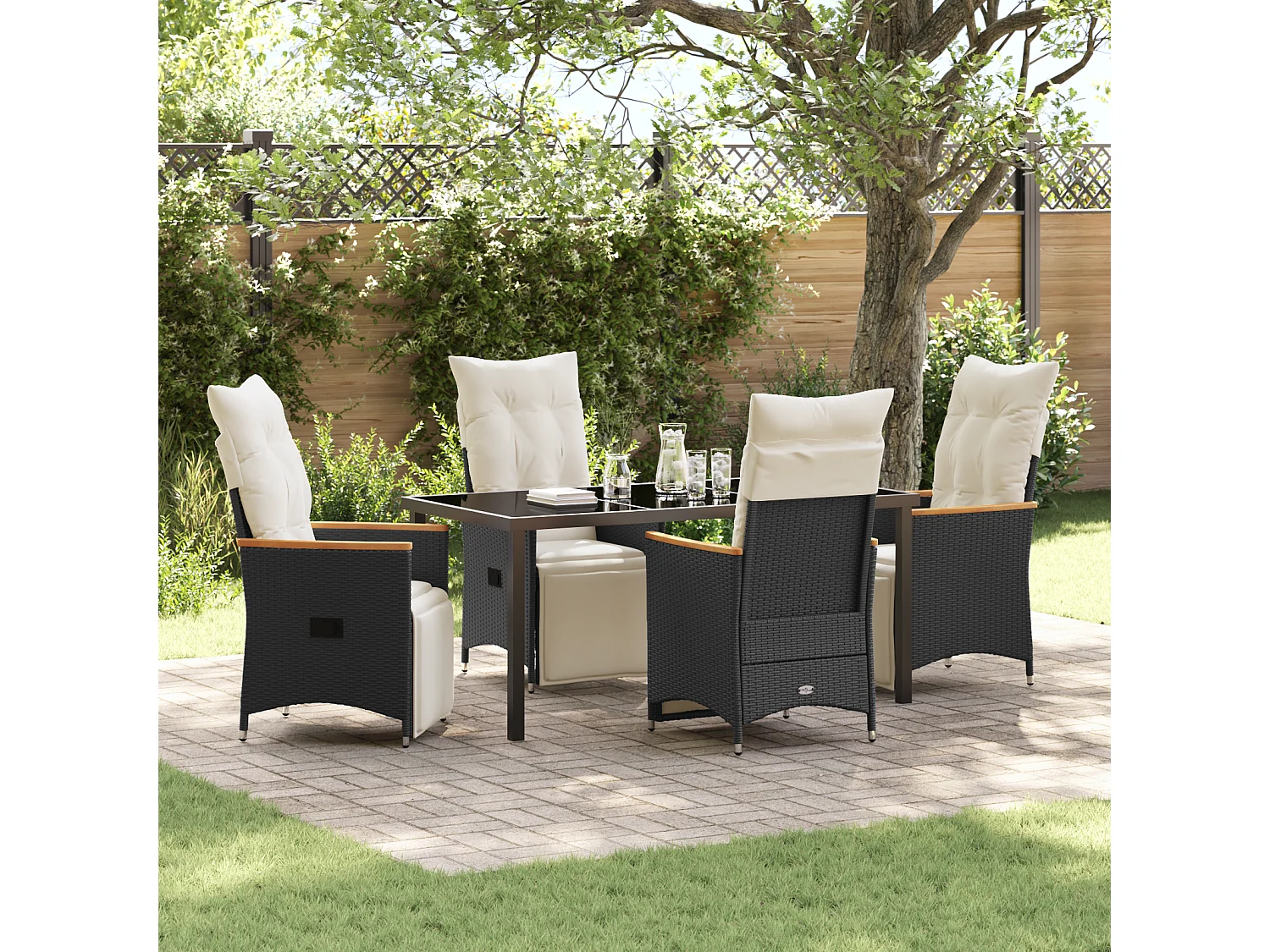 5-teiliges Garten-Ess-Set mit Kissen, schwarzes Polyrattan