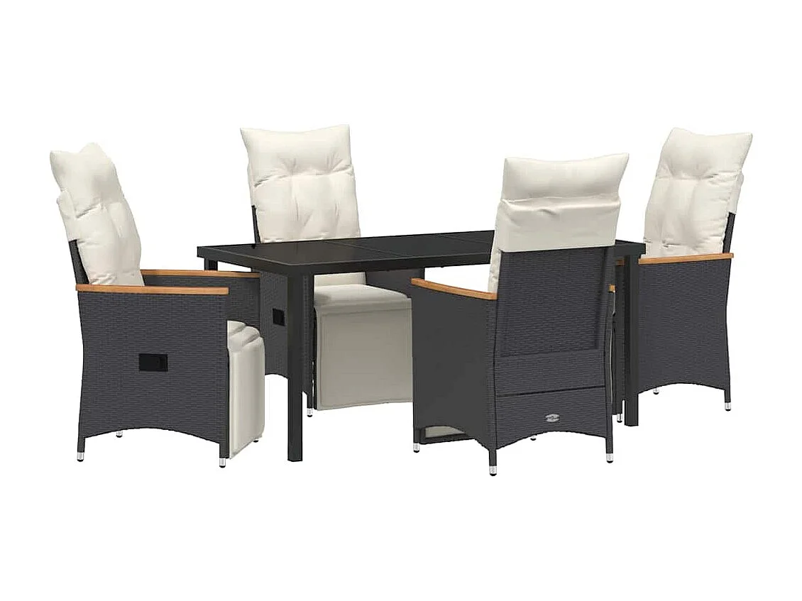 5-teiliges Garten-Ess-Set mit Kissen, schwarzes Polyrattan