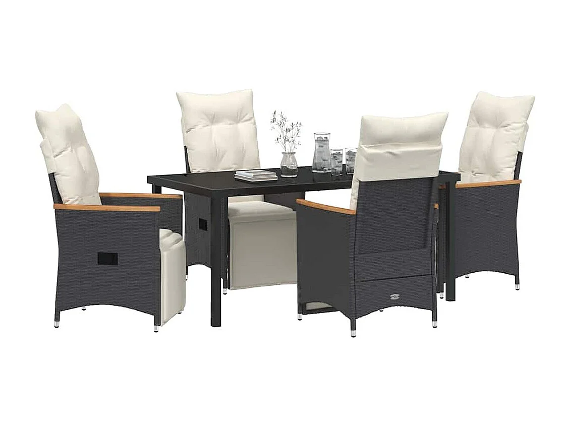 5-teiliges Garten-Ess-Set mit Kissen, schwarzes Polyrattan