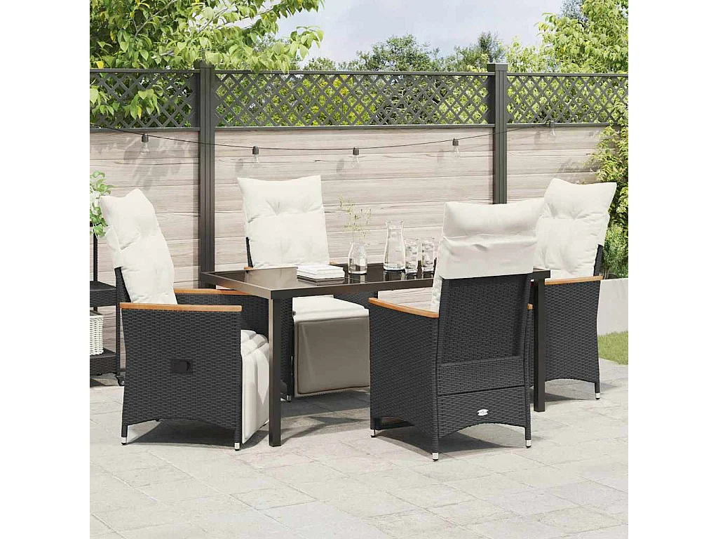 5-teiliges Garten-Ess-Set mit Kissen, schwarzes Polyrattan