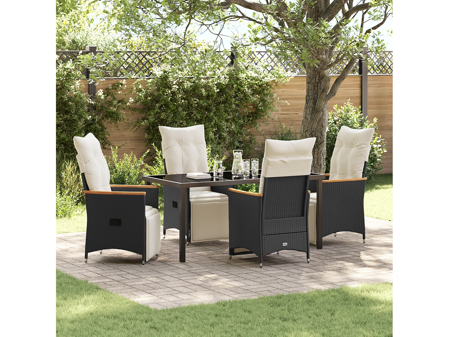 Ensemble de Salle à Manger de Jardin de 5 Pièces avec Coussins Noir Poly Rattan