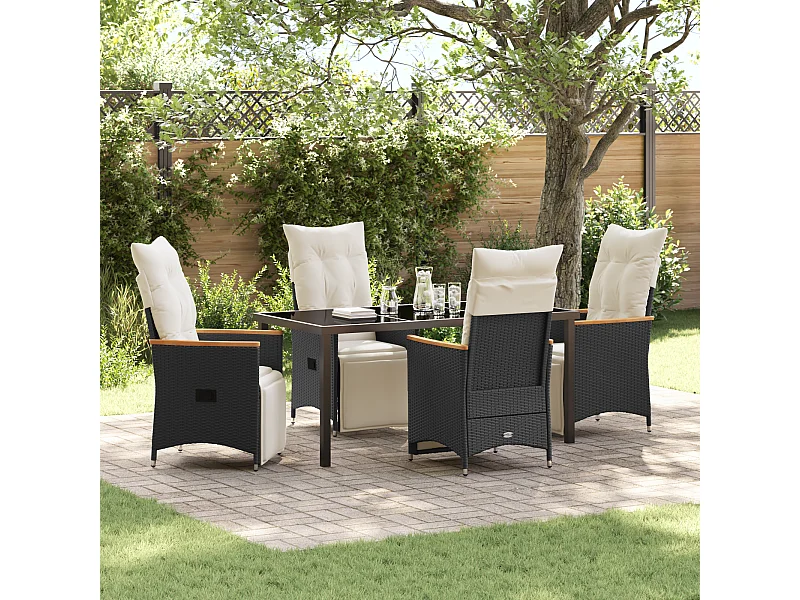 Set da pranzo da giardino 5 pezzi con cuscini in polyrattan nero