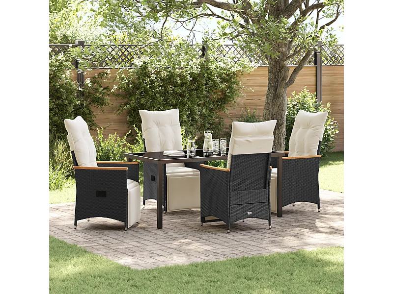 Ensemble de Salle à Manger de Jardin de 5 Pièces avec Coussins Noir Poly Rattan