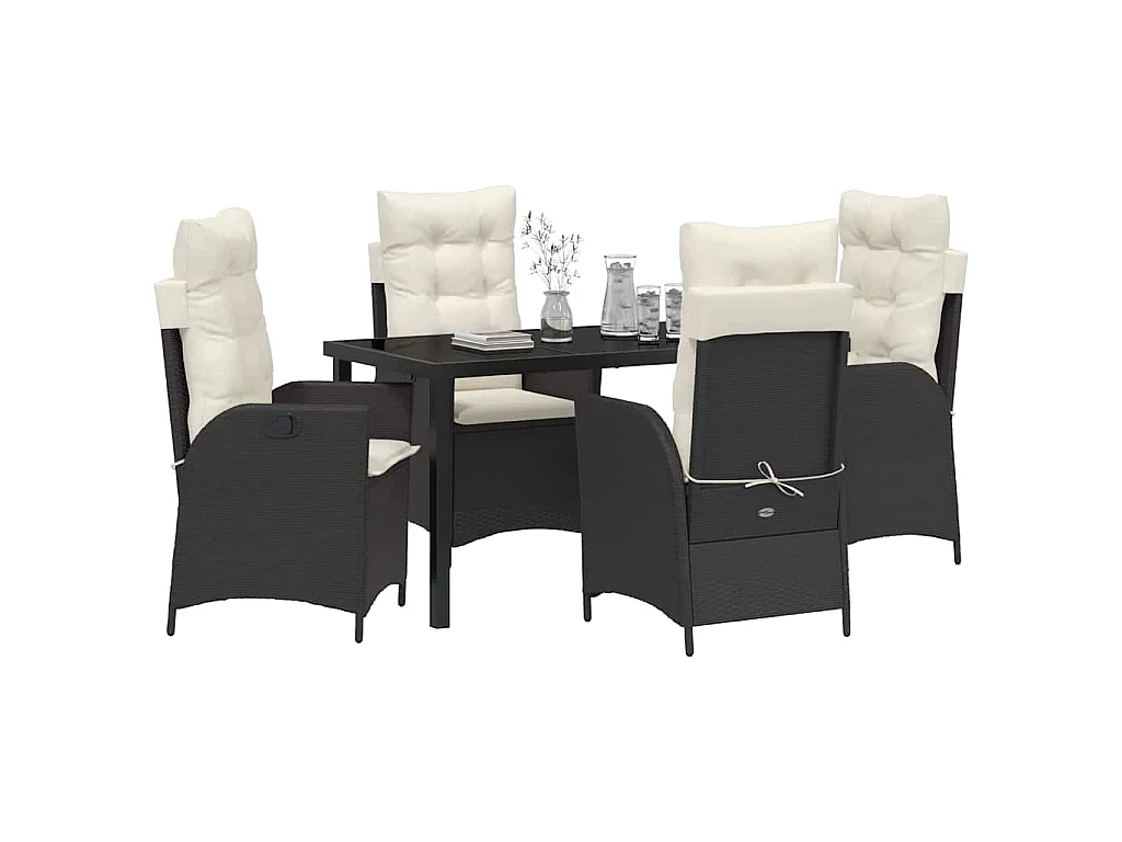Ensemble de salle à manger de jardin 5 pièces avec coussins en poly rattan noir