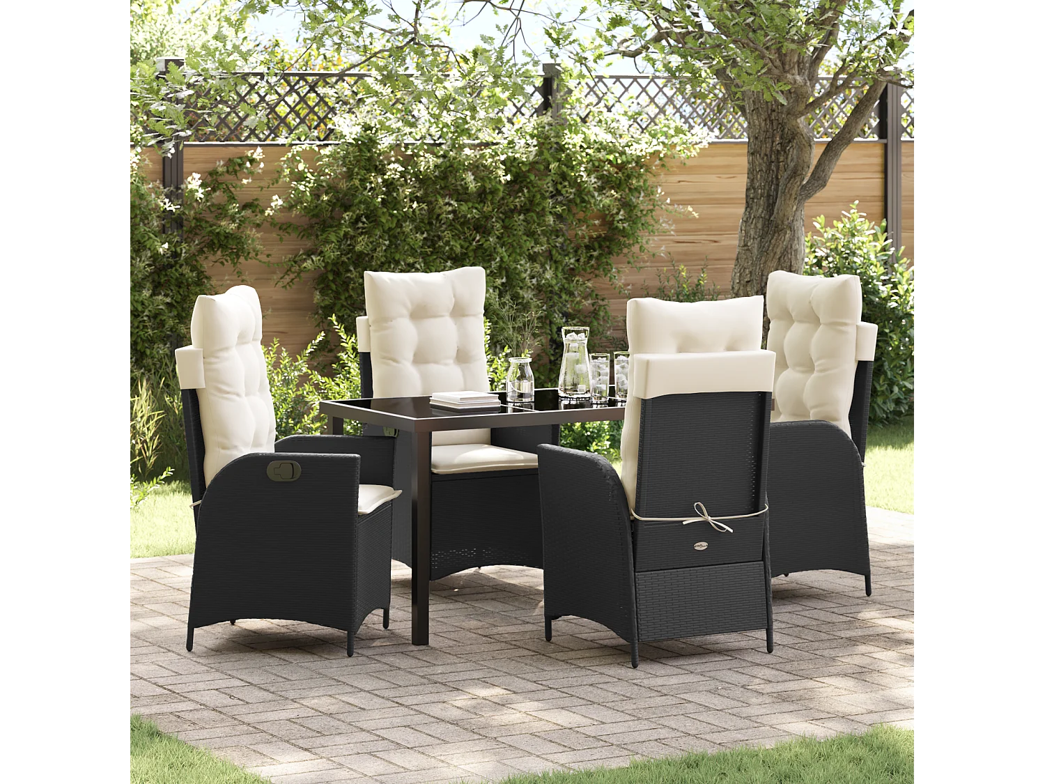 Set da pranzo da giardino 5 pezzi con cuscini in polyrattan nero
