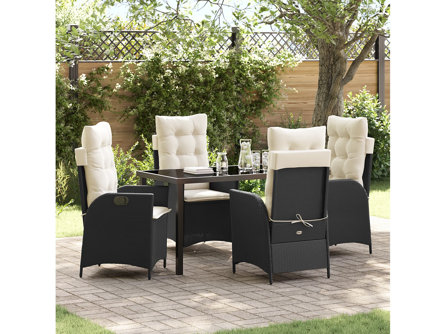 Ensemble de salle à manger de jardin 5 pièces avec coussins en poly rattan noir