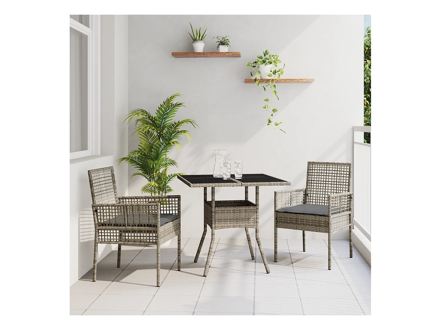 Set da pranzo da giardino in polyrattan da 3 pezzi, colore grigio