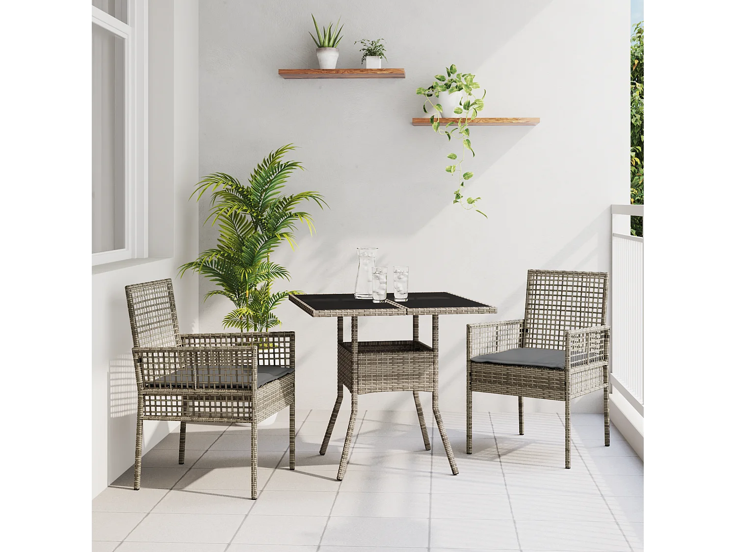 3-teiliges Polyrattan-Garten-Essset in Grau