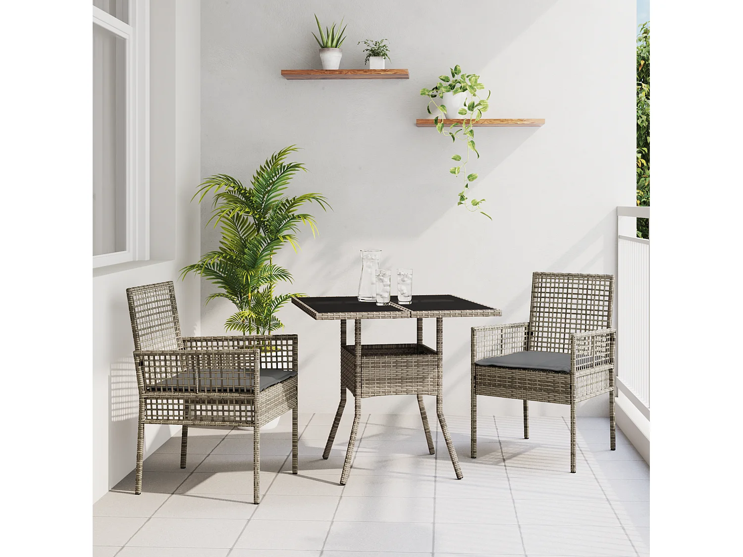 Set da pranzo da giardino in polyrattan da 3 pezzi, colore grigio