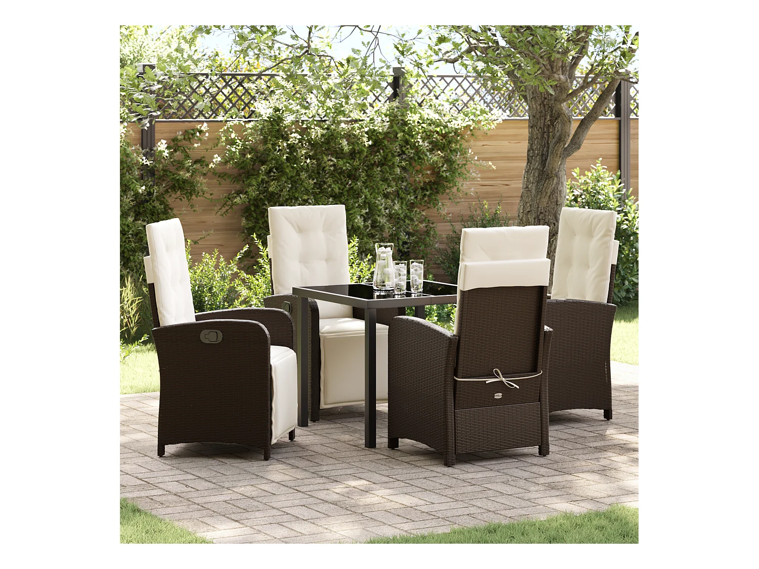 Set da pranzo da giardino 5 pezzi con cuscini in rattan marrone