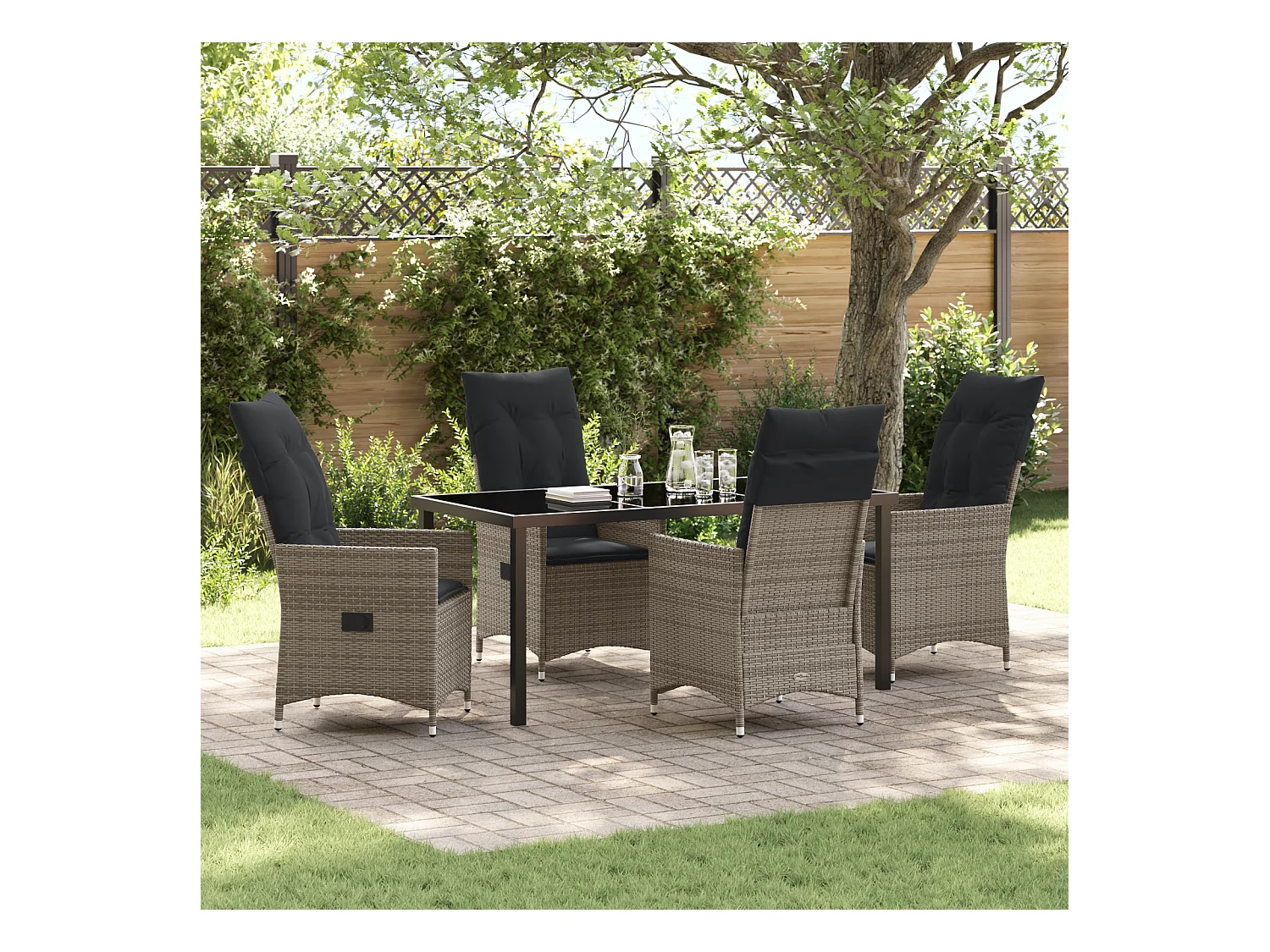 Set da pranzo da giardino 5 pezzi con cuscini in polyrattan grigio