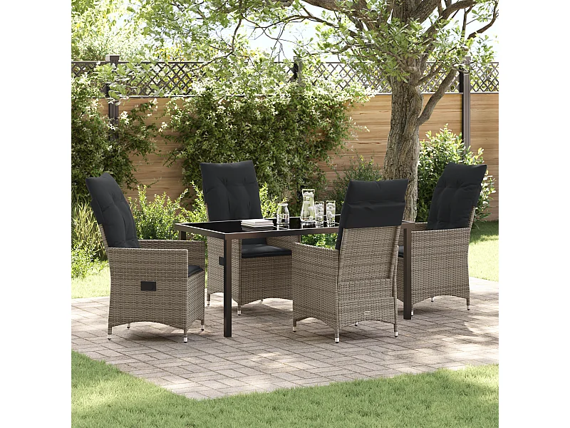 Set da pranzo da giardino 5 pezzi con cuscini in polyrattan grigio